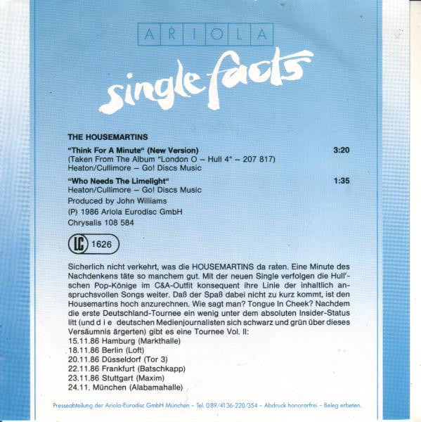The Housemartins : Think For A Minute (New Version) (7", Single)