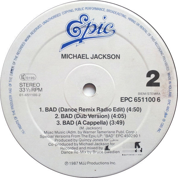 Michael Jackson : Bad (12", Maxi)