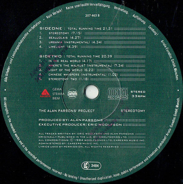 The Alan Parsons Project : Stereotomy (LP, Album)