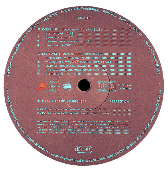 The Alan Parsons Project : Stereotomy (LP, Album, Red)
