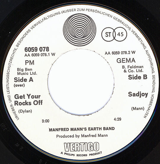 Manfred Mann's Earth Band : Get Your Rocks Off (7")