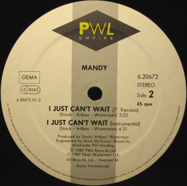 Mandy* : I Just Can't Wait (12", Maxi)