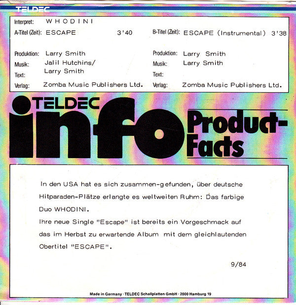 Whodini : Escape (7", Single, Promo)