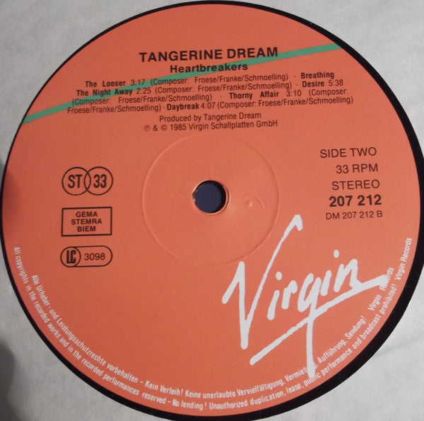 Tangerine Dream : Heartbreakers (Music From The Original Motion Picture Soundtrack) (LP, Album)