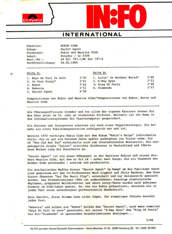 Robin Gibb : Secret Agent (LP, Album)