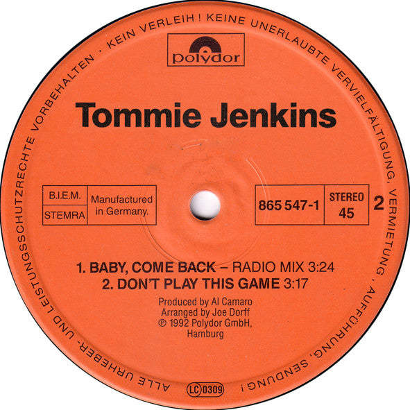 Tommie Jenkins : Baby, Come Back (12")