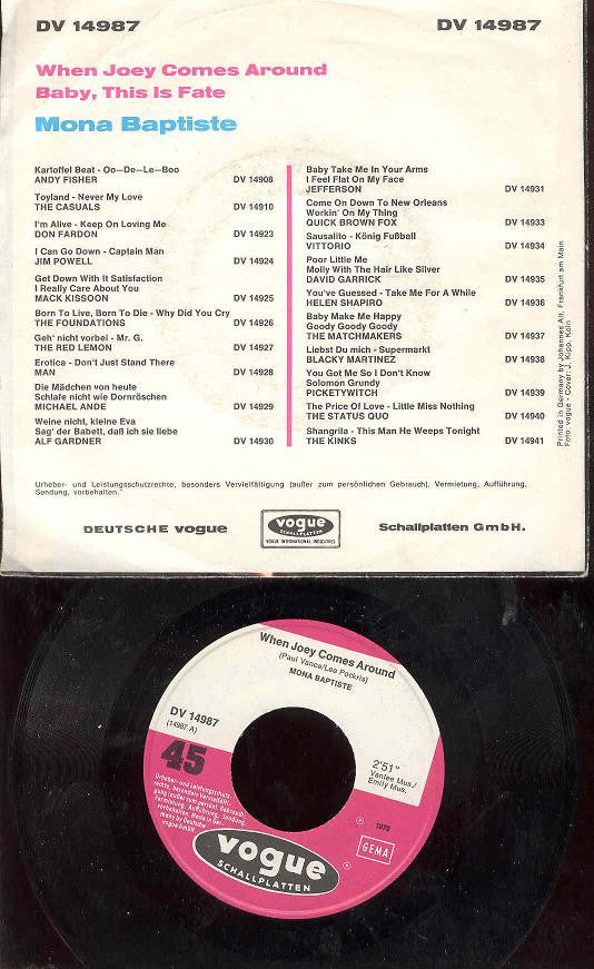 Mona Baptiste : When Joey Comes Around / Baby, This Is Fate (7")