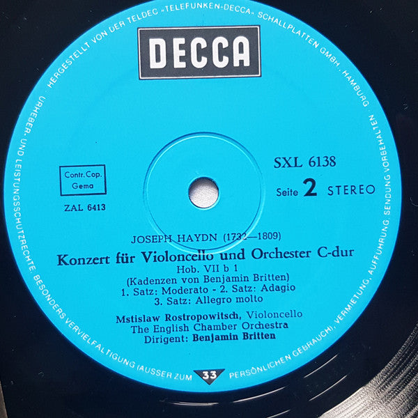 Benjamin Britten, Joseph Haydn - Mstislav Rostropovich, English Chamber Orchestra : Cello-Symphonie Op. 68 / Cello-Konzert In C-Dur (LP, Album)