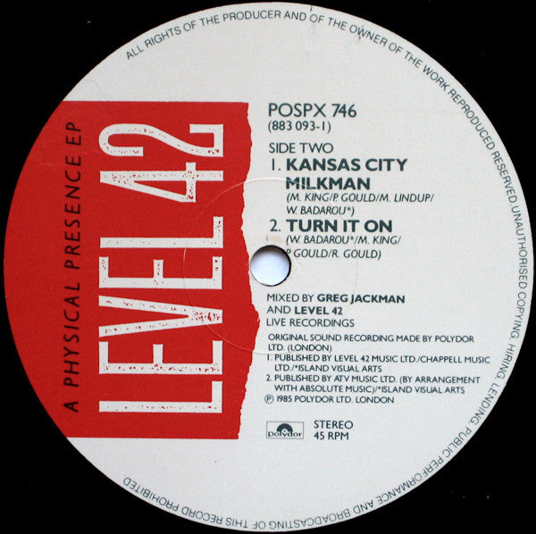 Level 42 : A Physical Presence EP (12", EP)