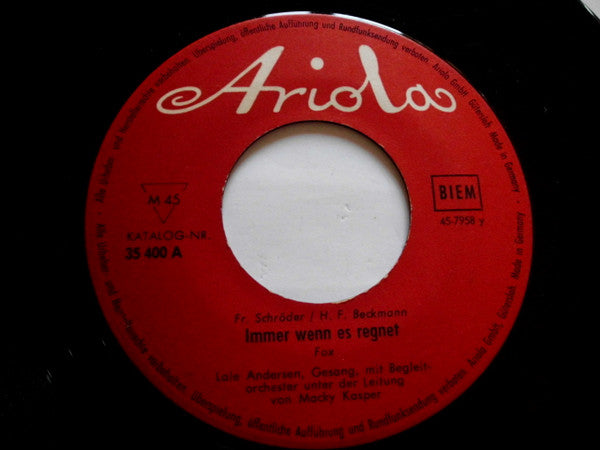 Lale Andersen : Eine Kleine Sehnsucht / Immer Wenn Es Regnet (7", Mono)