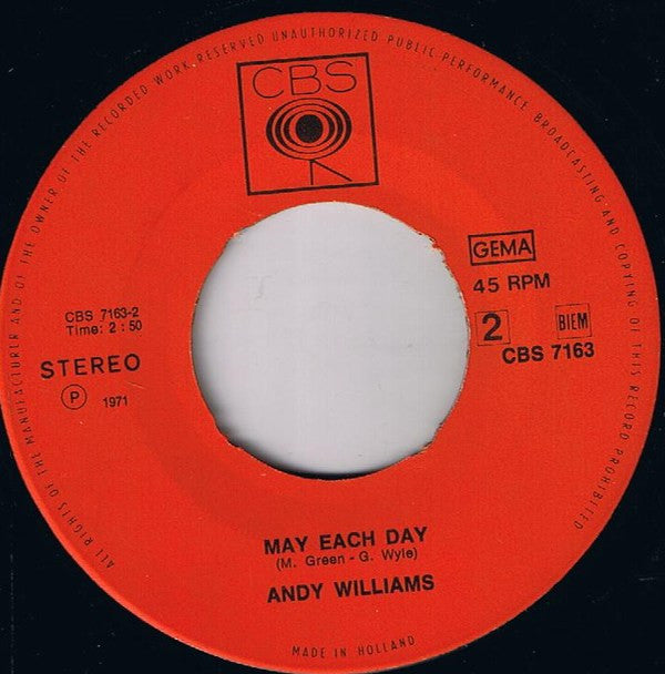 Andy Williams : Love Story / May Each Day (7", Single)