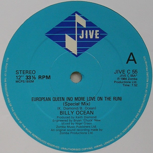 Billy Ocean : European Queen (No More Love On The Run) (12", Blu)