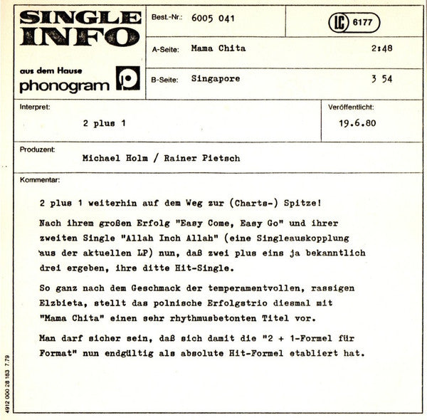 2 plus 1 : Mama Chita (7", Single)