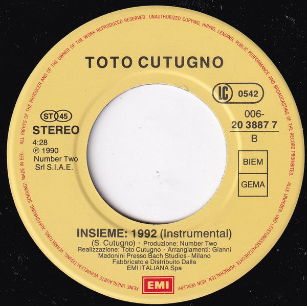 Toto Cutugno : Insieme: 1992 (7", Single)