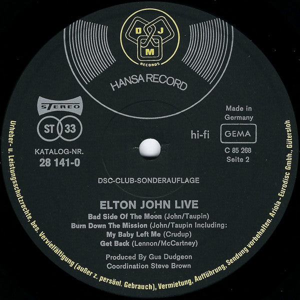 Elton John : Live (LP, Album, Club)
