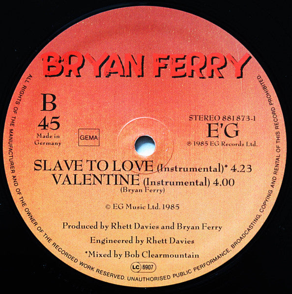 Bryan Ferry : Slave To Love (12", Maxi)