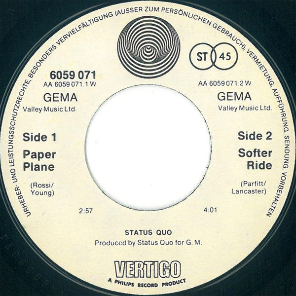 Status Quo : Paper Plane (7", Single)