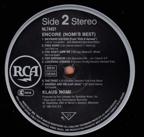 Klaus Nomi : Encore! (Nomi's Best) (LP, Comp, RE)