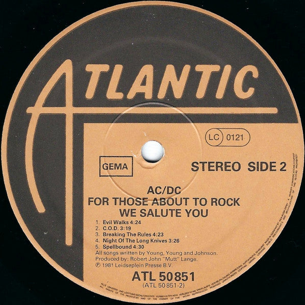 AC/DC : For Those About To Rock We Salute You (LP, Album, Gat)