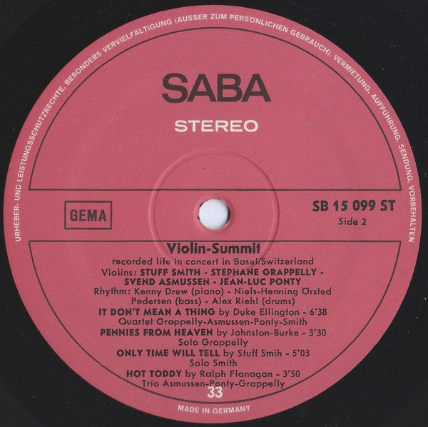 Stuff Smith / Stephane Grappelly* / Svend Asmussen / Jean-Luc Ponty : Violin-Summit (LP, Album, RE)