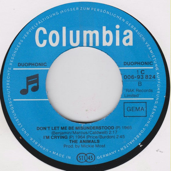 The Animals : The House Of The Rising Sun / Don't Let Me Be Misunderstood / I'm Crying (7")