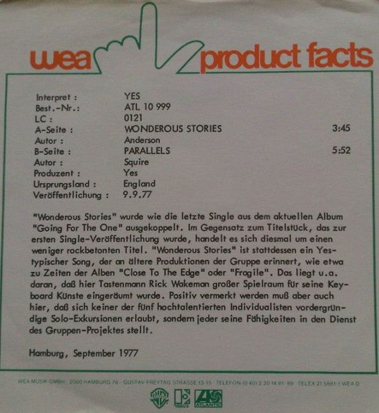 Yes : Wonderous Stories (7", Single)