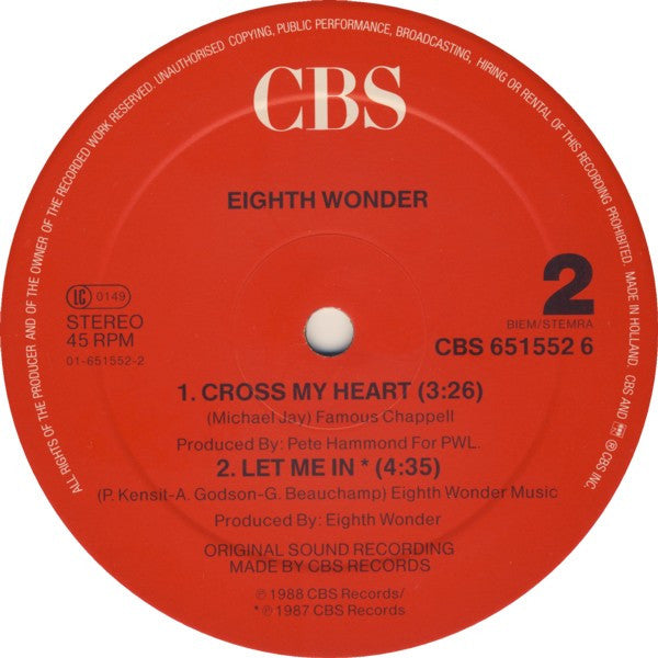 Eighth Wonder : Cross My Heart (Dance Mix) (12", Maxi)