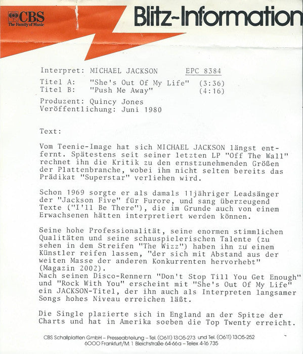 Michael Jackson : She's Out Of My Life (7", Single)