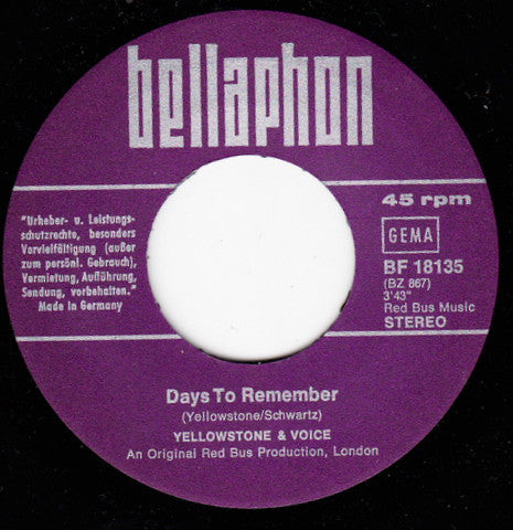 Yellowstone And Voice* : Days To Remember / Grandmother Says (7", Single)