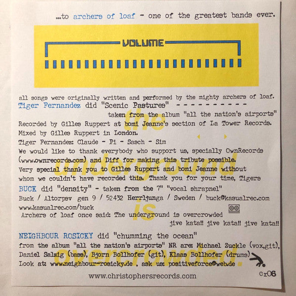 Tiger Fernandez / Buck / Neighbour Rosicky : A Hommage To Archers Of Loaf (7", Yel)