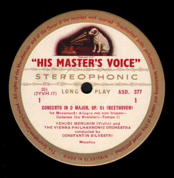 Beethoven* : Yehudi Menuhin with The Vienna Philharmonic Orchestra* conducted by Constantin Silvestri : Violin Concerto In D Major, Op.61 (LP, Fir)