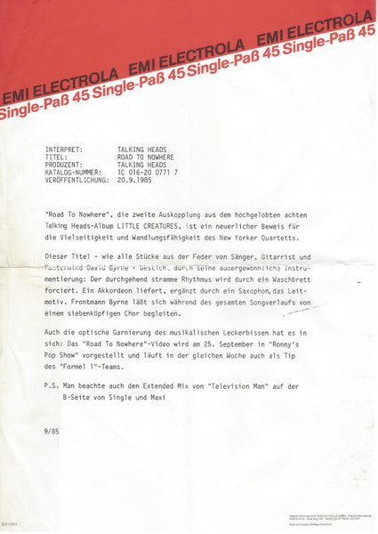 Talking Heads : Road To Nowhere (7", Single)