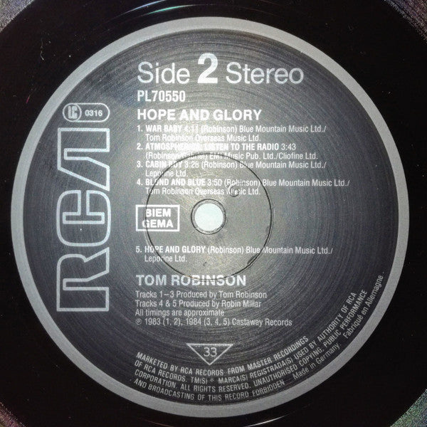 Tom Robinson : Hope And Glory (LP, Album, Gat)