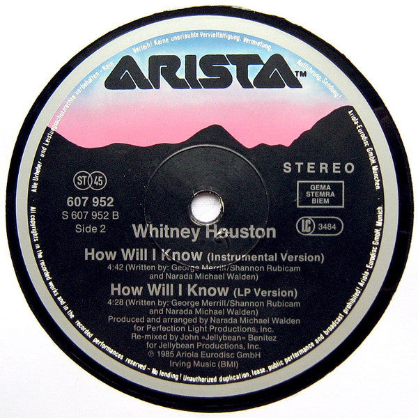 Whitney Houston : How Will I Know (John »Jellybean« Benitez-Remix) (12", Maxi)