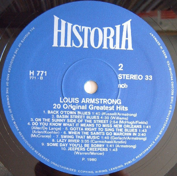 Louis Armstrong : 20 Original Greatest Hits (LP, Comp, Blu)