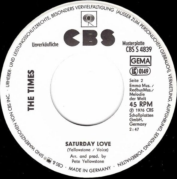 The Times (7) : Sexy Lady / Saturday Love (7", Single, Promo)