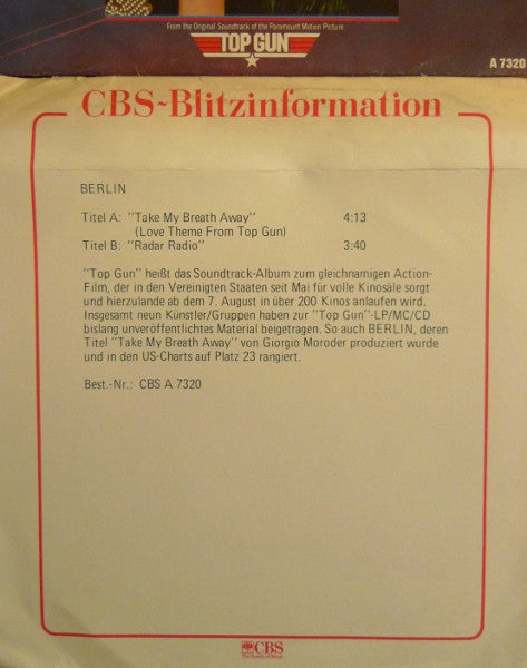 Berlin : Take My Breath Away (Love Theme From "Top Gun") (7", Single)