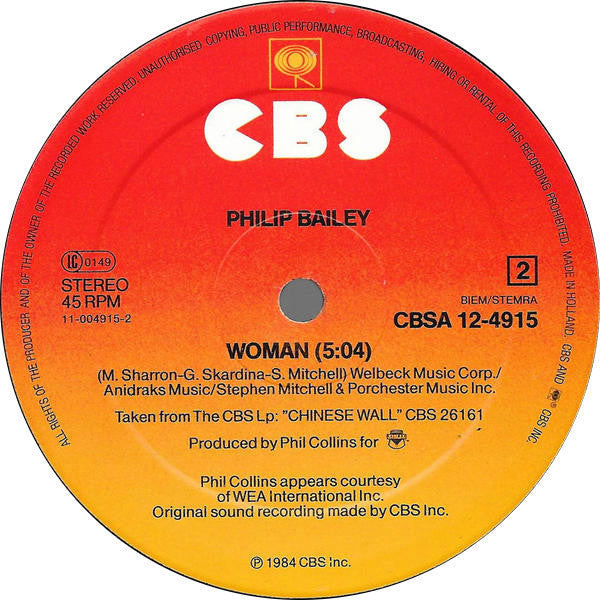 Philip Bailey Duet With Phil Collins / Philip Bailey : Easy Lover (Extended Dance Remix) b/w Woman (12", Maxi)