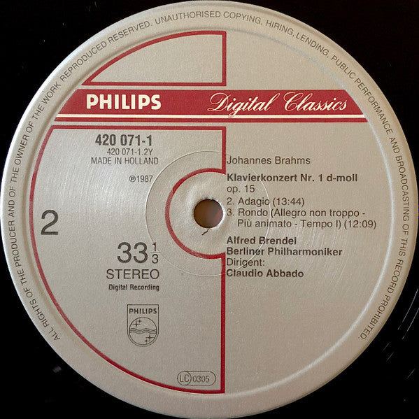 Johannes Brahms - Alfred Brendel - Claudio Abbado - Berliner Philharmoniker : Piano Concerto / Klavierkonzert Nr.1 (LP, Album)