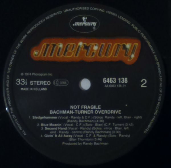 Bachman-Turner Overdrive : Not Fragile (LP, Album, RE)