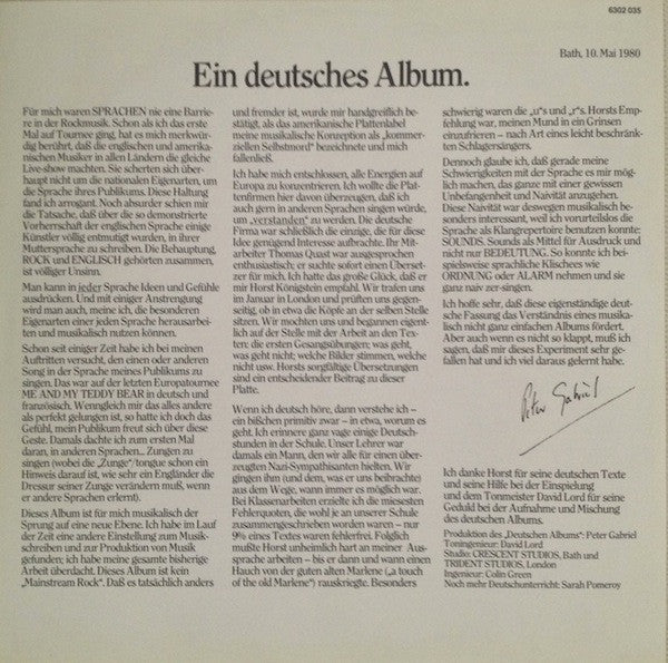 Peter Gabriel : Ein Deutsches Album (LP, Album)