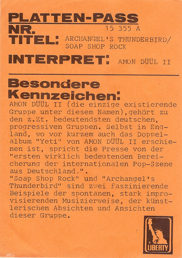 Amon Düül II : Archangels Thunderbird / (Excerpt From) Soap Shop Rock (7", Single)
