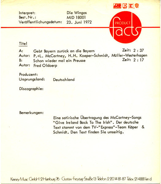 Die Wingos : Gebt Bayern Zurück An Die Bayern (7", Single)