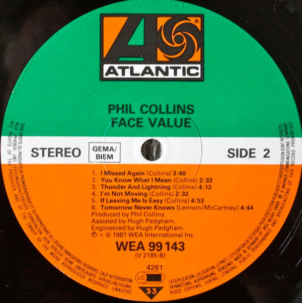 Phil Collins : Face Value (LP, Album, RE, Gat)