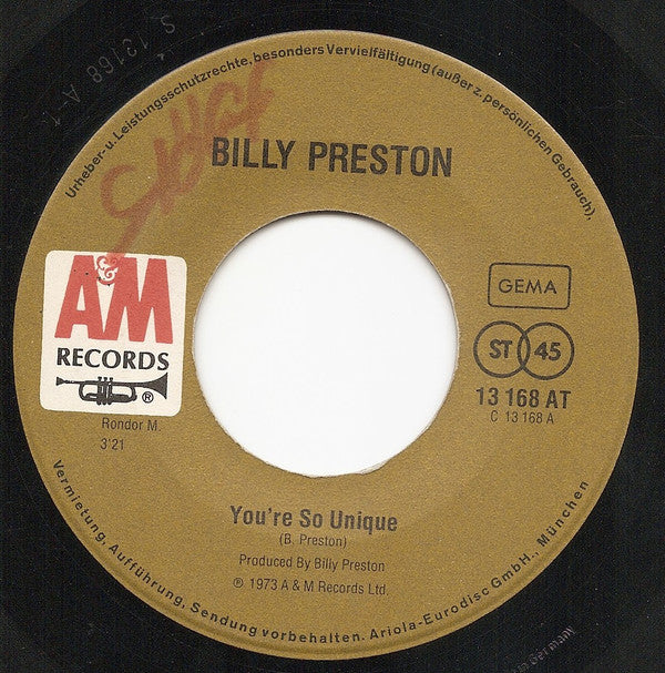Billy Preston : You're So Unique / How Long Has The Train Been Gone (7", Single)