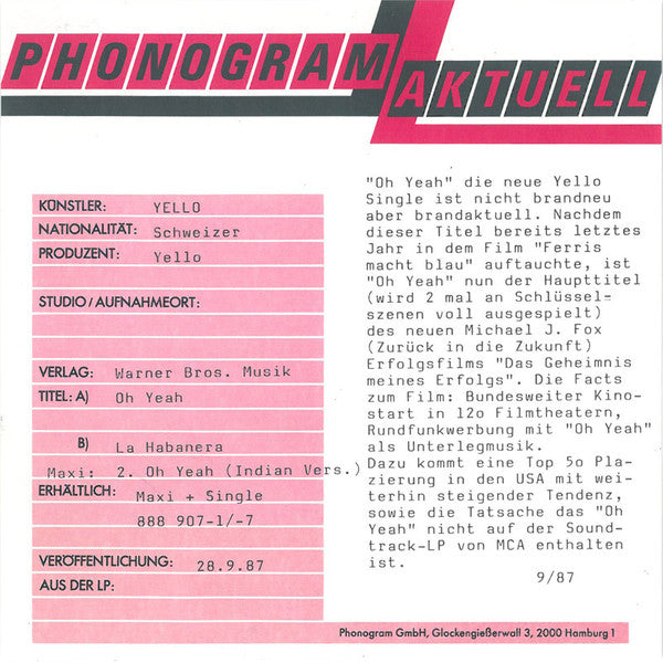 Yello : Oh Yeah (7", Single)