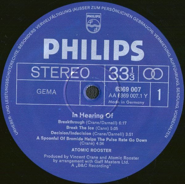 Atomic Rooster : In Hearing Of (LP, Album, Gat)