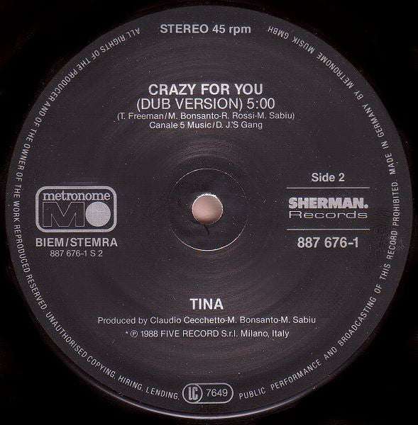 Tina : Crazy For You (12", Maxi)