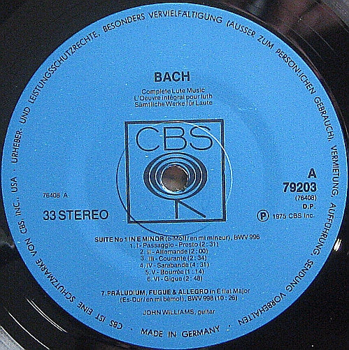 John Williams (7) Plays Bach* : Complete Lute Music = Oeuvres Pour Luth = Sämtliche Werke Für Laute (2xLP, Album)