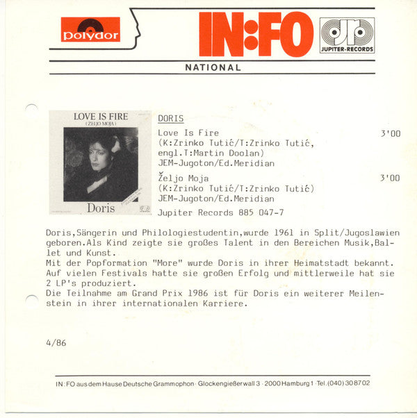 Doris* : Love Is Fire (7", Single)